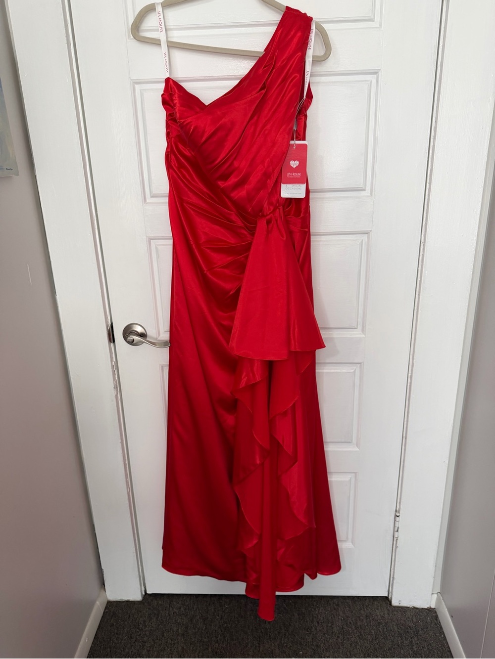 JJs House Red One-Shoulder Ruffle Satin Gown